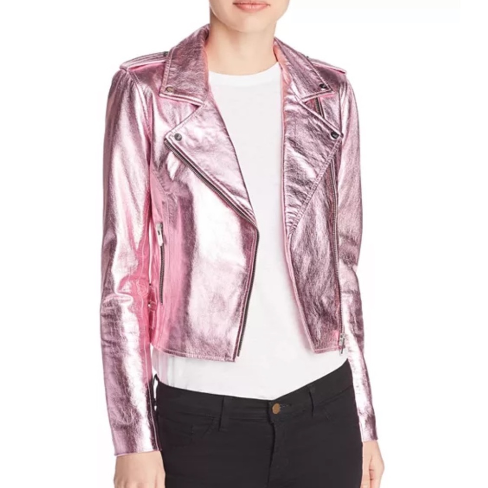 The Mighty Company Biker Lecee Light Pink Lambs Leather Jacket Metallic M